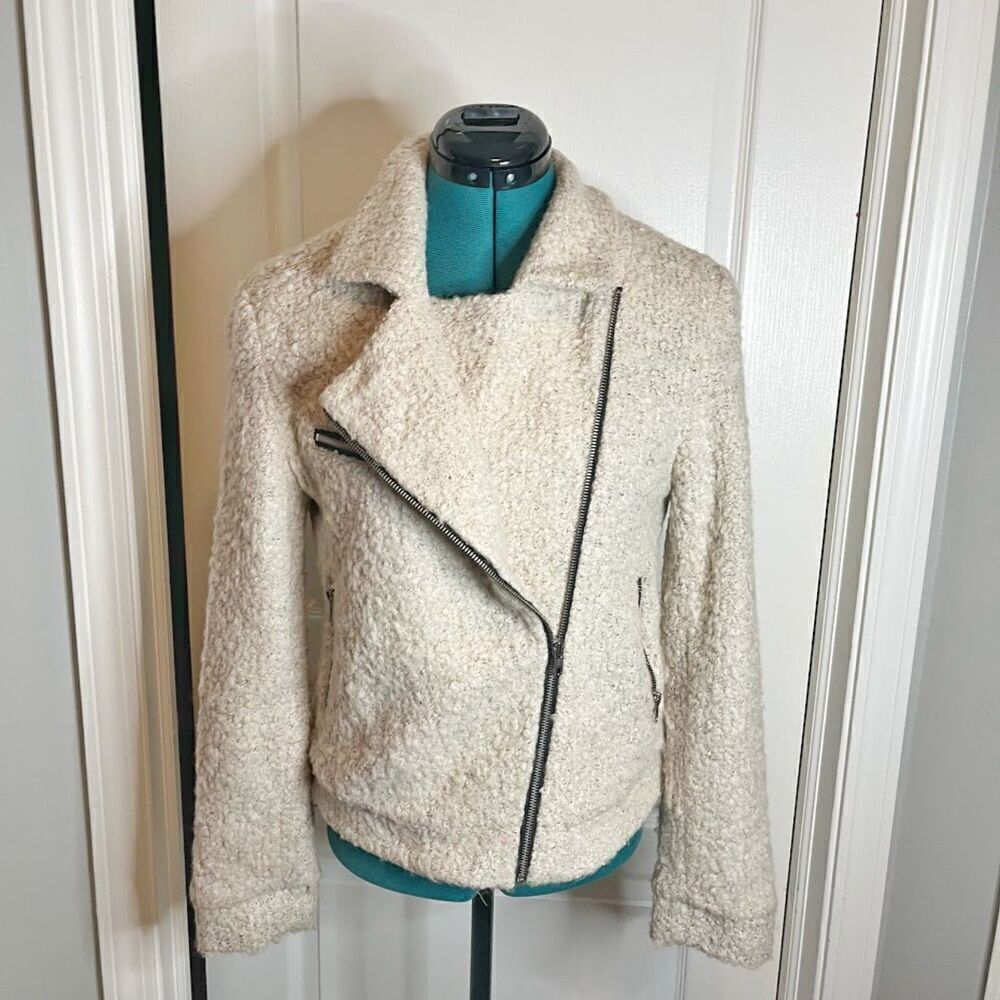 Forever 21 Wool Moto Biker Crop Full Zip Asymmetrical Wool Blend Textured Jacket